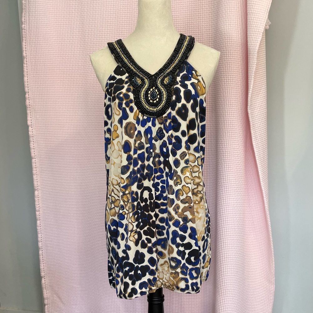 CATO WOMAN Cream, blue, black and gold sleeveless shirt size 18/20W.